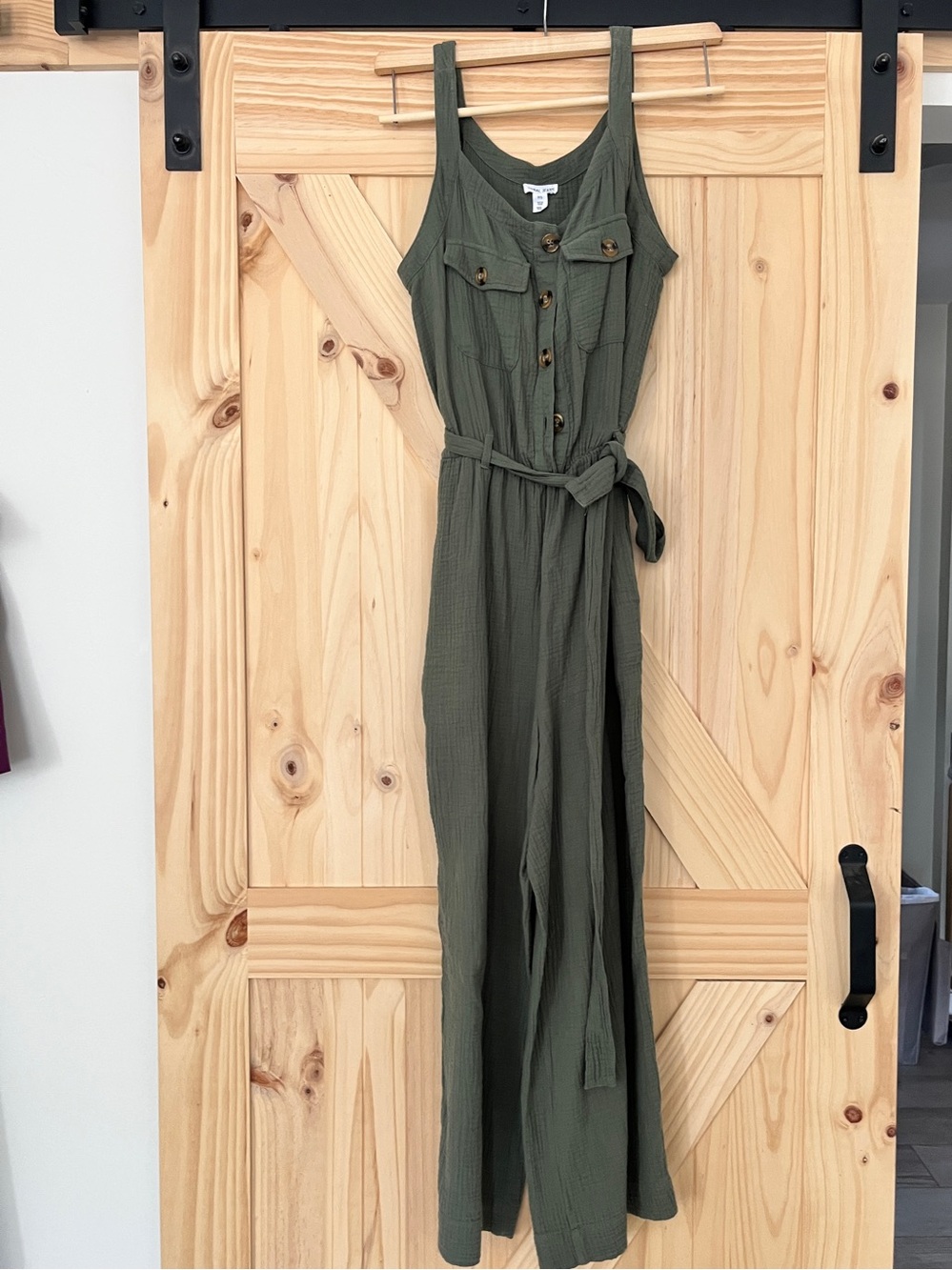 Tribal Jeans Olive Green Gauze Utility Jumpsuit Belted Wide Leg Size S